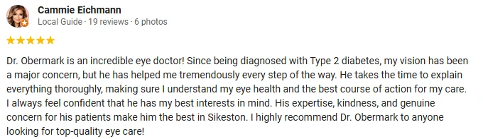 A 5-star Google Review of Dr. Obermark Eye Health Care siting the doctor as incredible