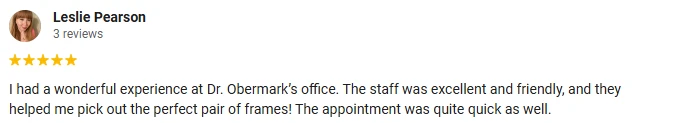 A 5-star Google review of Dr. Obermark Eye Health Care praising the friendly staff