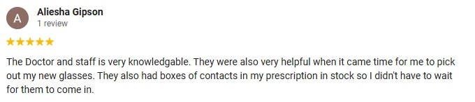 A 5-star Google review of Dr. Obermark Eye Health Care praising the knowledgeable staff and doctor